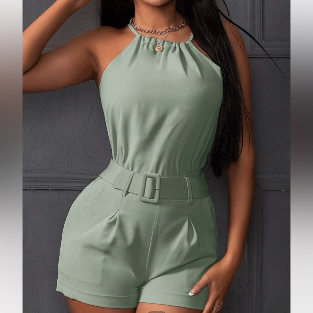 Cute matching halter top, shorts, and belt set.